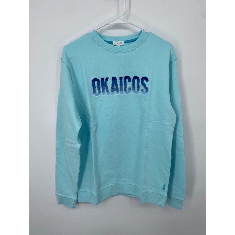 Okaicos Sweatshirt Men's Medium Blue Terry Fleece Embroidered Crew Neck Boho NWT
